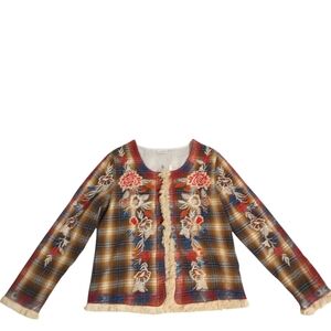 Cienna Brown and Red Embroidered Floral Blazer with Folk-Inspired Design Size S